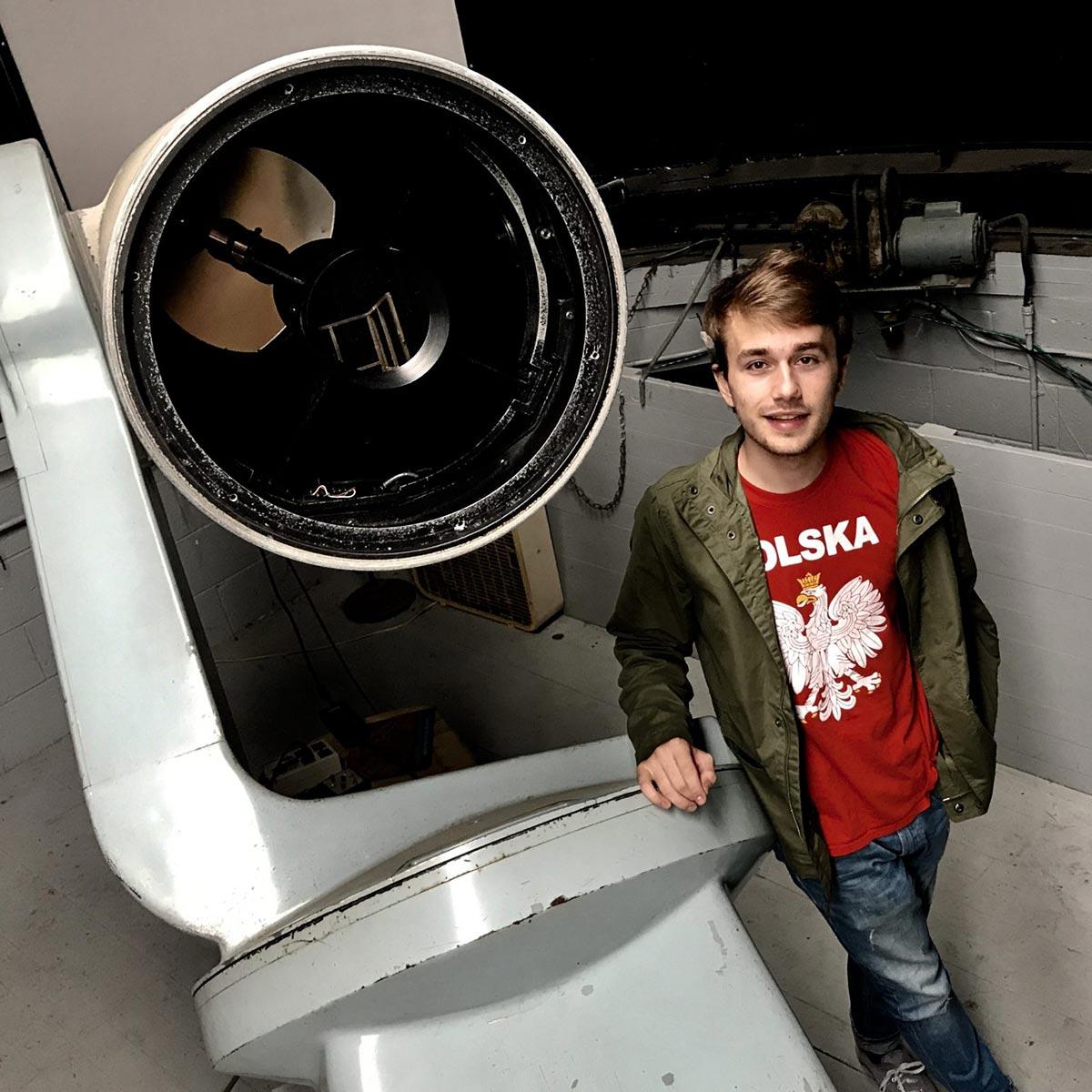Jacob Pilawa ’20 with the telescope at vlog's Foggy Bottom Observatory